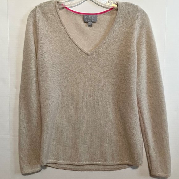 Pure Collection 100% Cashmere Sweater Long Sleeve V-Neck Top Tan/Cream/Pink   4 - Picture 7 of 16